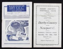 Newport County away match programmes 1945/1946 Derby County, 1946/1947 Manchester City (14 June