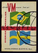 1958 World Cup Final match programme Sweden v Brazil at Solna 29 June 1958. Good.
