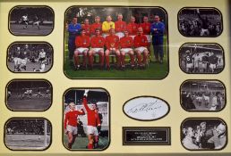 Sir Geoff Hurst Signed Football Print 'Hat Trick Hero & Winning Goalscorer' with a montage of prints