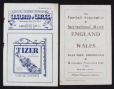 1946 England v Wales football programme at Manchester City plus 1948 England v Wales at Villa