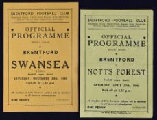 1945/1946 War League south match programmes Brentford v Notts. Forest 27 April 1946; v Swansea