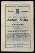1947 Cornwall v Aston Villa souvenir football programme for the friendly match dated 3 May 1947 at