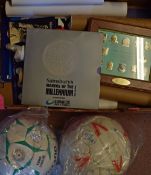 Selection of football related items to consist of 2 signed Wolves footballs, petrol issued coin