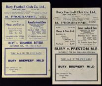 1944/1945 War League North football programme Bury v Tranmere Rovers 11 November 1944; 1945/1946