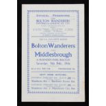 1945/1946 Bolton Wanderers v Middlesbrough FA Cup football programme 9 February 1946 match