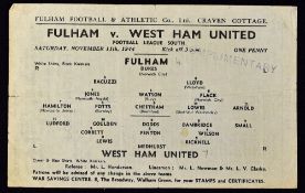 1944/1945 War League South match programme Fulham v West Ham Utd 11 November 1944. Good.