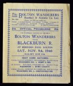 1946/1947 Bolton Wanderers v Blackburn Rovers programme 9 November 1946, fold out type. Fair-good.