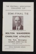 1945/1946 FA Cup semi-final Bolton Wanderers v Charlton Athletic at Villa Park match programme.