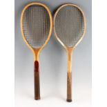 2x early Junior/Practice Tennis Rackets the first with an elongated head, concave wedge and