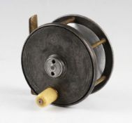 Mallochs Patent salmon reel: 3 3/4" dia - brass foot, smooth running having nice even patina