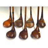 7x assorted woods: F A Parks bulldog baffy and driver, Gibson of Kinghorn Stella spoon with white