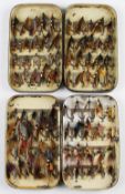 2x Black japanned matching clip fly boxes - incl P.D Malloch both complete with flies incl 40x gut