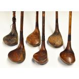 6x assorted woods: Robert Forgan St. Andrews crown model brassie with black fibre central insert