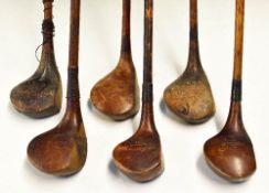 6x assorted woods: Robert Forgan St. Andrews crown model brassie with black fibre central insert