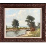 Fishing Oil Painting: river fishing scene oil on canvas signed by the artist - image 15.25 x 19.