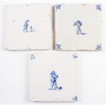 3x early Dutch Delft Golfing Scene Tiles - in blue and white with small single Kolfing figures