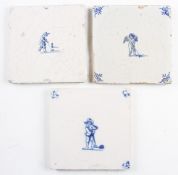 3x early Dutch Delft Golfing Scene Tiles - in blue and white with small single Kolfing figures