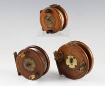 3 Wooden and brass star back reels: To incl A W Gamage 3"; 2 unnamed 3.5" & 4" with slater latch (