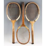 2x Wooden Tennis Rackets to include a W.H. James of London 'Aero' racket with a slightly offset