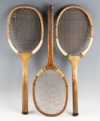 2x Wooden Tennis Rackets to include a W.H. James of London 'Aero' racket with a slightly offset