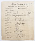 1948 Australian "The Invincibles" Cricket Signed Team Sheet : Autographed by 15 players to include