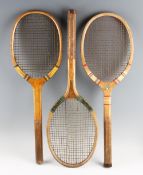 3x Early 1900s Wooden Tennis Rackets to include a 'Dolby's Deluxe' racket with original gut