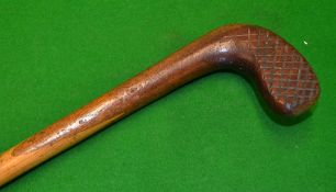 Interesting Sunday golf walking stick with spliced wooden putter handle - with cross hatched face
