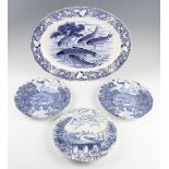 Blue & White fishing design ware: Large 18" meat plate together with 3 10" plate (4)