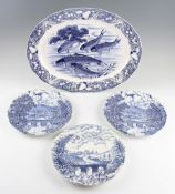 Blue & White fishing design ware: Large 18" meat plate together with 3 10" plate (4)