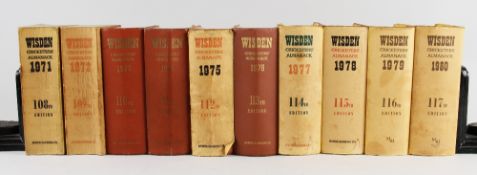 Wisden Cricketers' Almanack 1971-1980 - 1971 and 1972 cloth covered, 1973 to 1980 hardback versions,