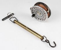 Hardy Bros salmon fly reel and brass spring balance scales - Marquis Salmon No.1 fly reel with