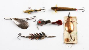 6x assorted Allcocks Lures - one on original retailers card - Dazzle Bait, Geens Spiral, Feathero,