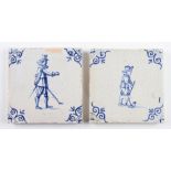 2x early Dutch Delft Golfing Scene Tiles - in blue and white with large single Kolfing figures
