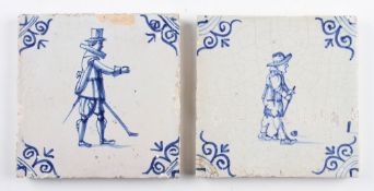 2x early Dutch Delft Golfing Scene Tiles - in blue and white with large single Kolfing figures