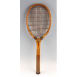 The Eclipse regular wooden tennis racket with concave throat double centre mains and red/ white