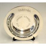 Unique 1959 Derby Winner polished racing plate mounted on a Silver Dish -silver dish engraved "