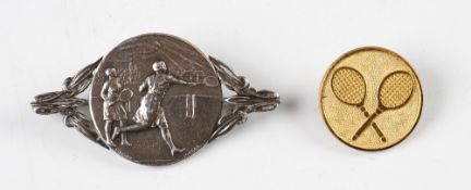 Silver Plated Tennis Brooch depicting two females playing tennis, and a gilt circular tennis