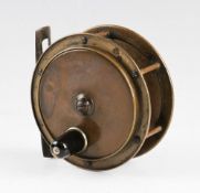 Horton Glasgow brass salmon fly reel: 4" dia, brass foot with 2x oblong perforations - makers