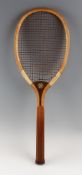 Spalding Model D.H. wooden tennis racket with convex throat with double centre mains and red natural