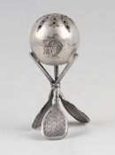 Tennis Design Pepper Pot - Silver plated pepper pot having a ball design mount on 3 tennis rackets