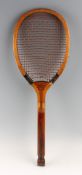 Slazenger "Demon" fish tail racket with convex throat and original two tone, red / white natural gut