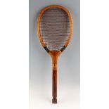 Slazenger "Demon" fish tail racket with convex throat and original two tone, red / white natural gut