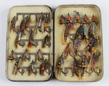 P.D Malloch Perth black japanned salmon fly tin with large selection of gut eyed salmon flies -