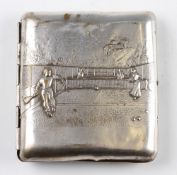 Silver plated tennis design cigarette case - With early tennis scene to front and flower design to