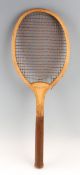 Clapshaw & Cleave wooden tennis racket with convex wedge double centre mains with original red /