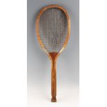 Slazenger "Demon" fish tail racket with convex throat and original two tone, natural gut