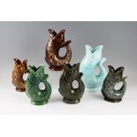 Selection of Gurgle Fish Jugs / Vases: To include 2x green Dartmouth 18cm high, 3x Foster Studio