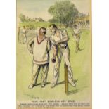 6x Hand Coloured 'Punch' Cricket Prints with How fast bowlers are made, and other comedy prints, all