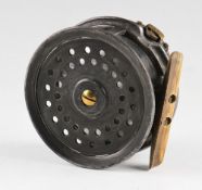 G Little & Co reel c.1900: 2.75"63 Haymarket London alloy reel, smooth brass foot, bone handle -