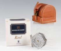 Hardy Bougle 2.5" modern fly reel: silver enamel finish, white handle, rim tensioner, raised